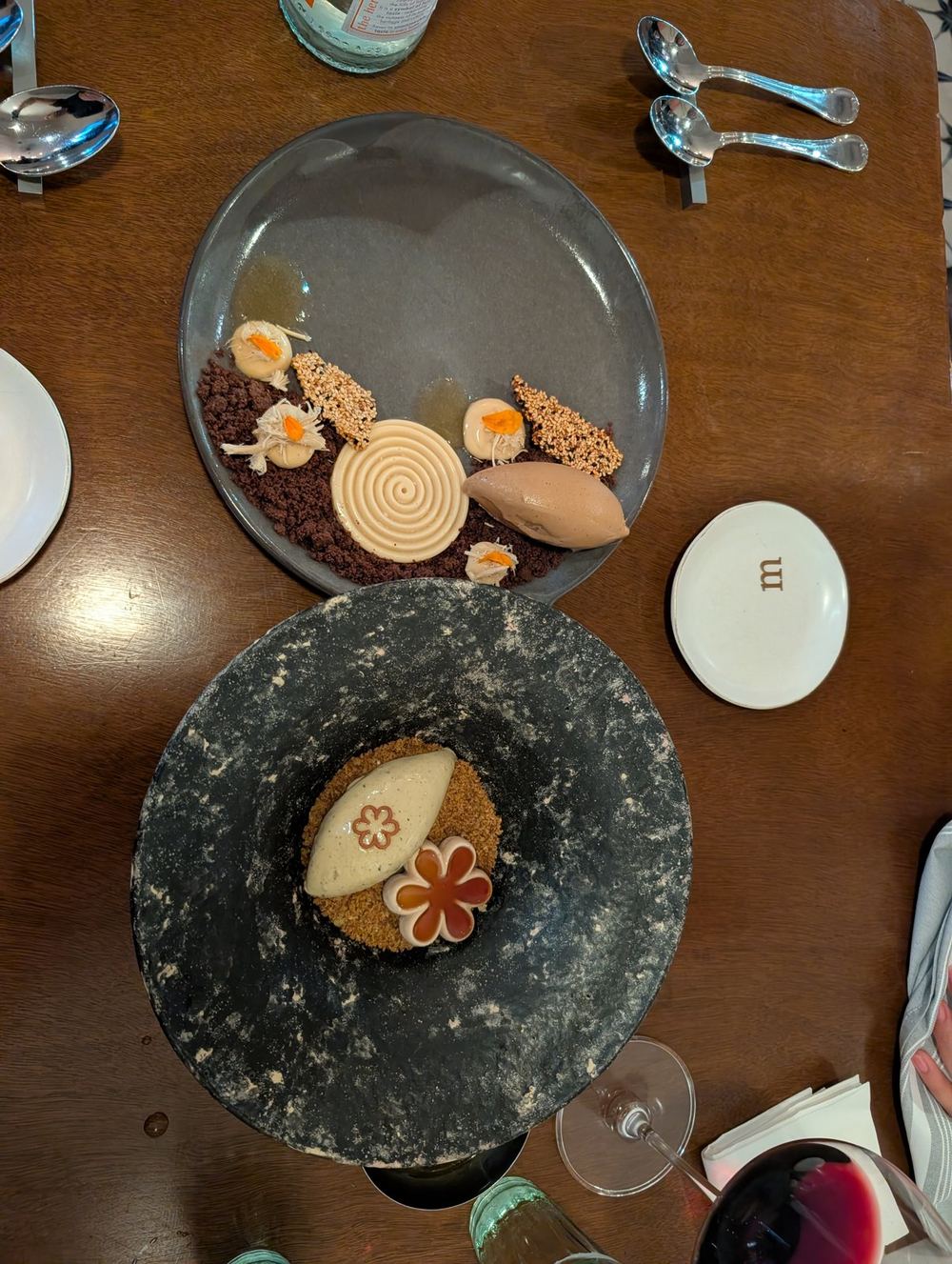Two plated desserts seen from above